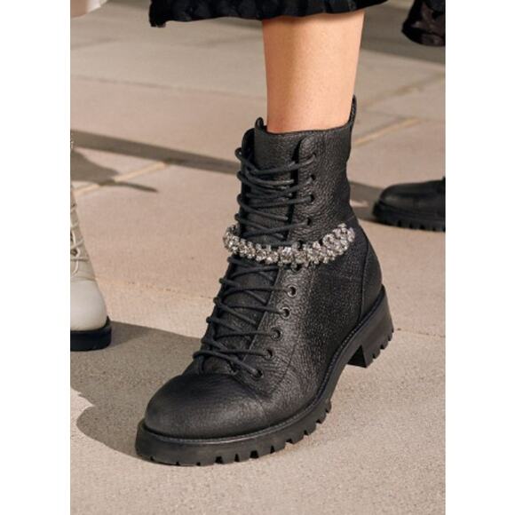 JIMMY CHOO Cruz Flat Black Grainy Leather Combat Boots with Crystal Detail - Picture 4 of 16